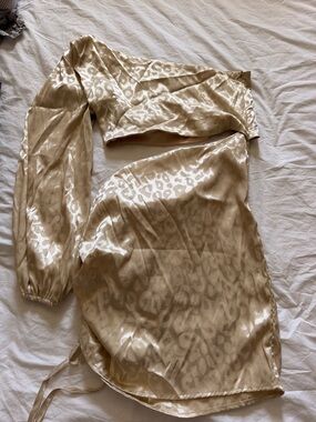 Satin One-Shoulder Cutout Mini Dress in Champagne